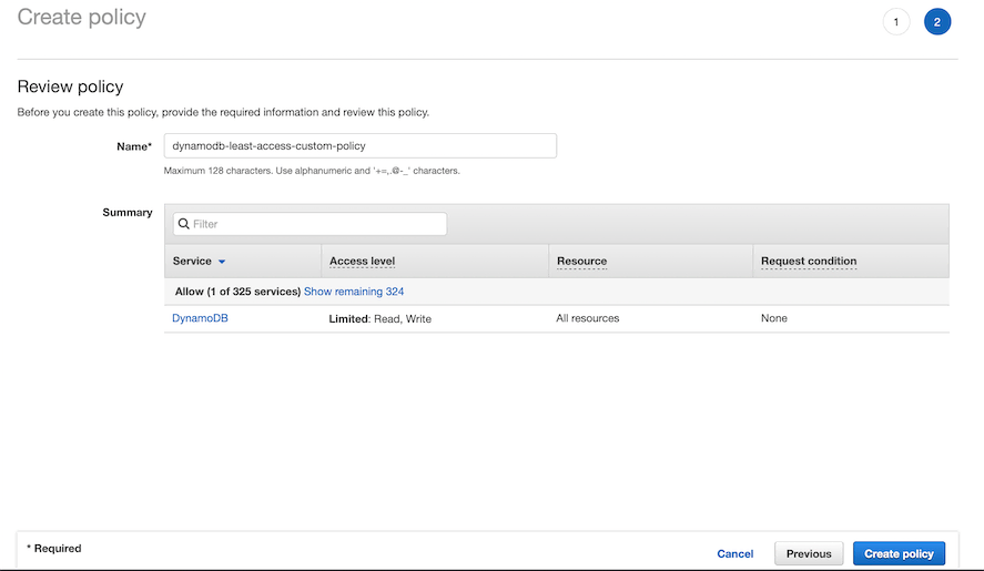 create dynamodb policy