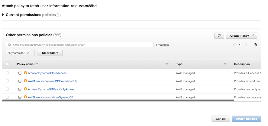 dynamodb policies aws