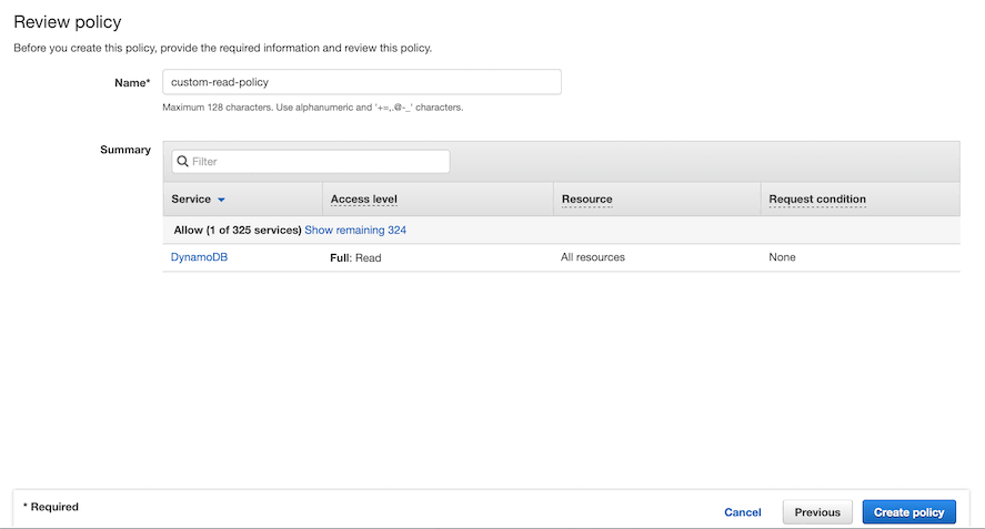 dynamodb reviewing policy