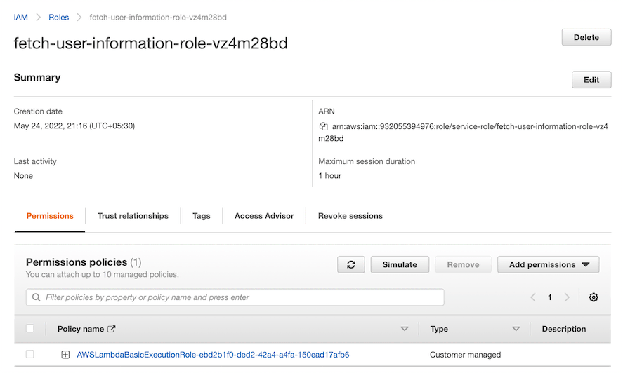 dynamodb role bounded to lambda function