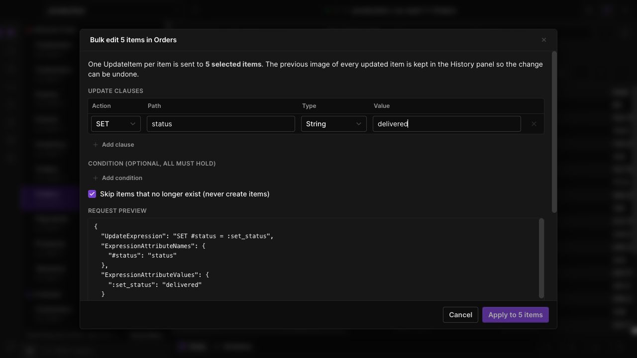 Bulk edit configured for a selection of five demo orders.