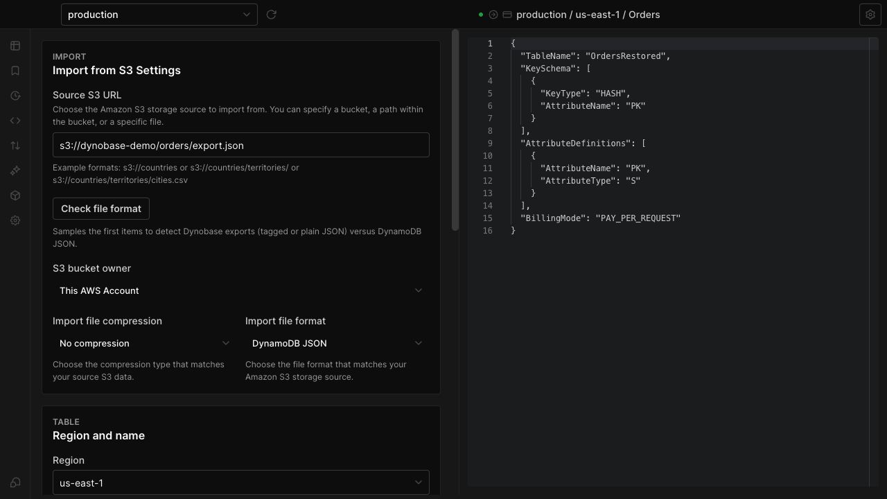 Dynobase's S3 import workflow with input format and destination settings.