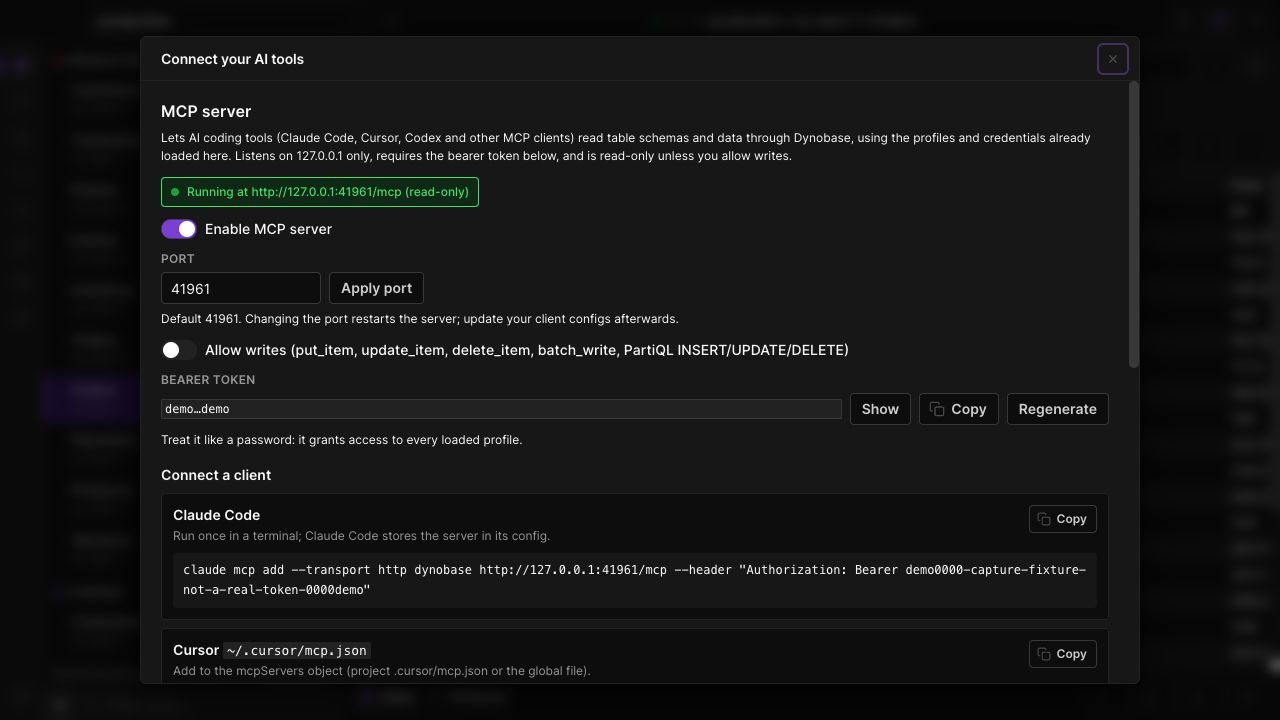 MCP server settings and client setup snippets with a clearly marked demo token.