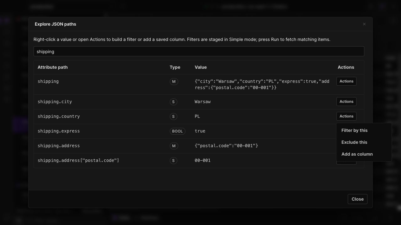 The JSON path inspector showing nested shipping attributes and typed values.