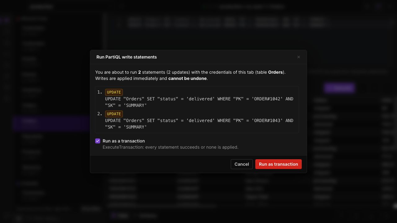 PartiQL write confirmation with two updates prepared as a transaction.