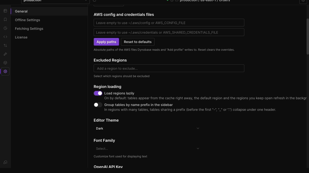 Dynobase settings for workspace preferences and connection behavior.