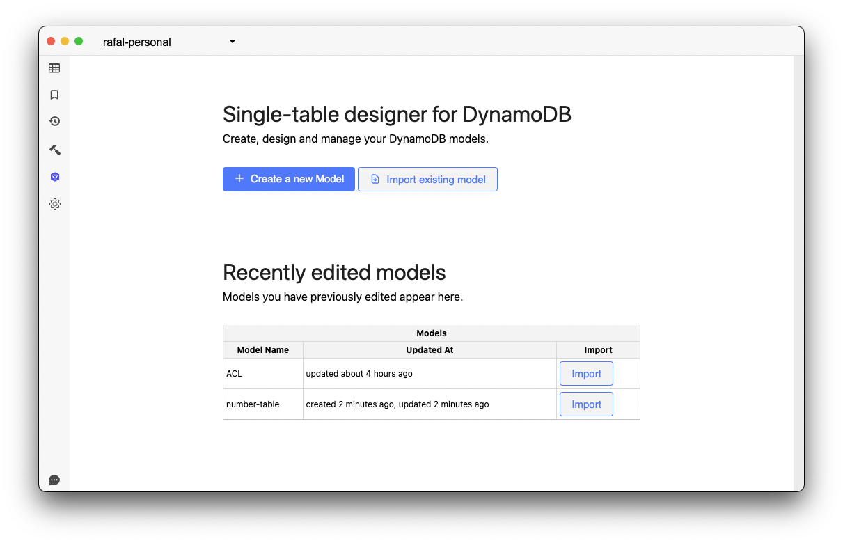 Single-table designer welcome screen