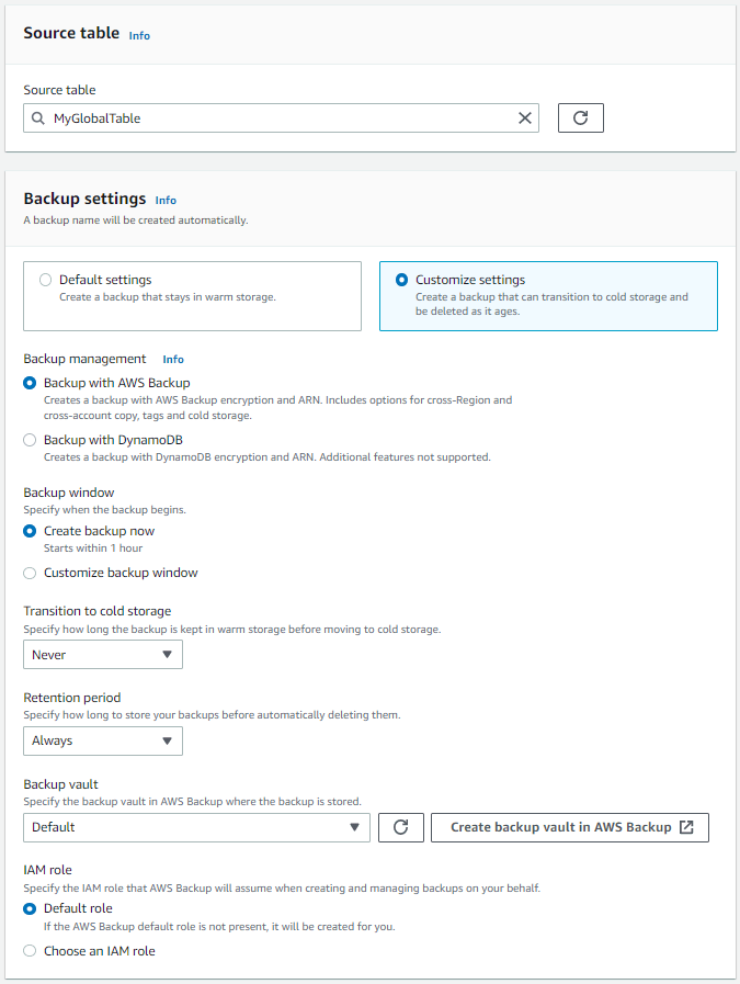 DynamoDB Create New Backup