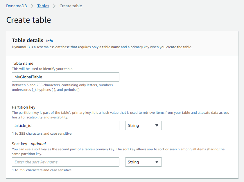 DynamoDB Create Table
