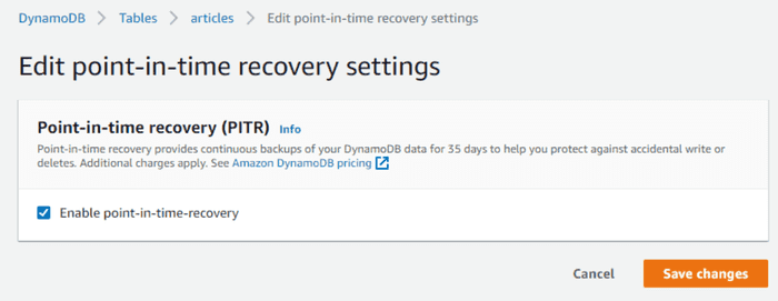 DynamoDB Edit PITR