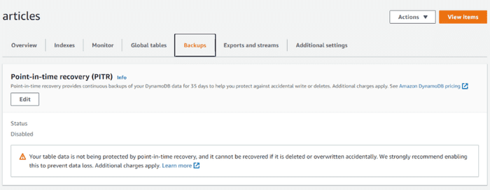 DynamoDB PITR