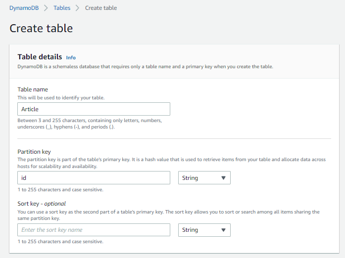 create DynamoDB table