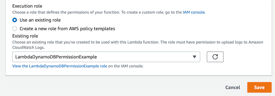 A screenshot showing editing the Execution role for your Lambda function. You can choose an IAM role from the Existing role dropdown that is displayed.