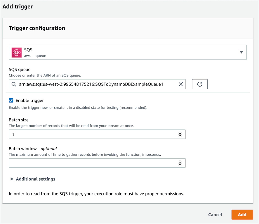 A screenshot showing the Lambda Add trigger SQS page with configuration options.