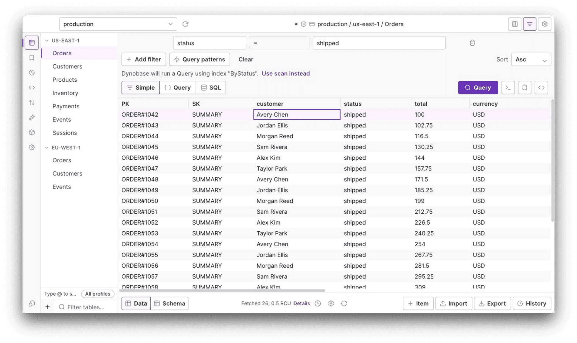 Dynobase desktop app browsing a DynamoDB table