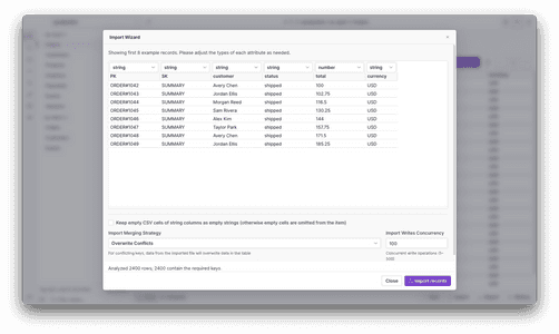 Importing CSV or JSON data into DynamoDB with Dynobase