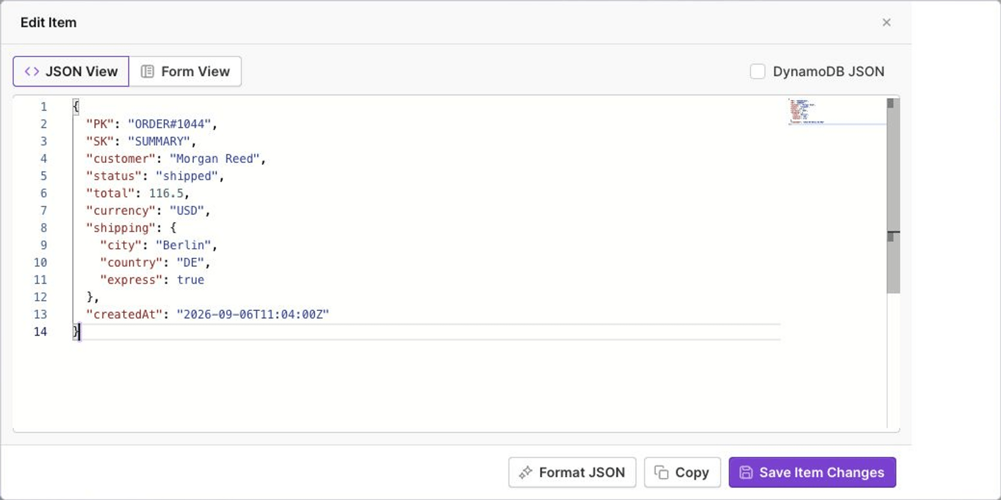 Editing DynamoDB items using Dynobase with JSON editor